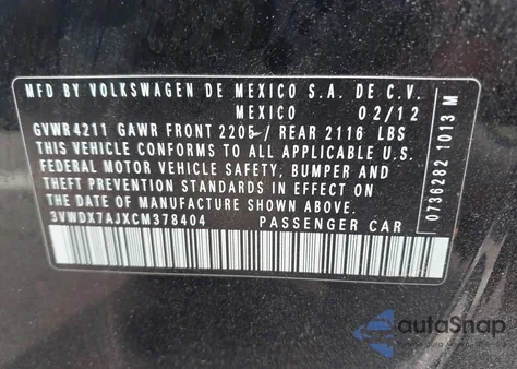 2012 Volkswagen Jetta 2.5L Se from USA, damaged, VIN 3VWDX7AJXCM378404